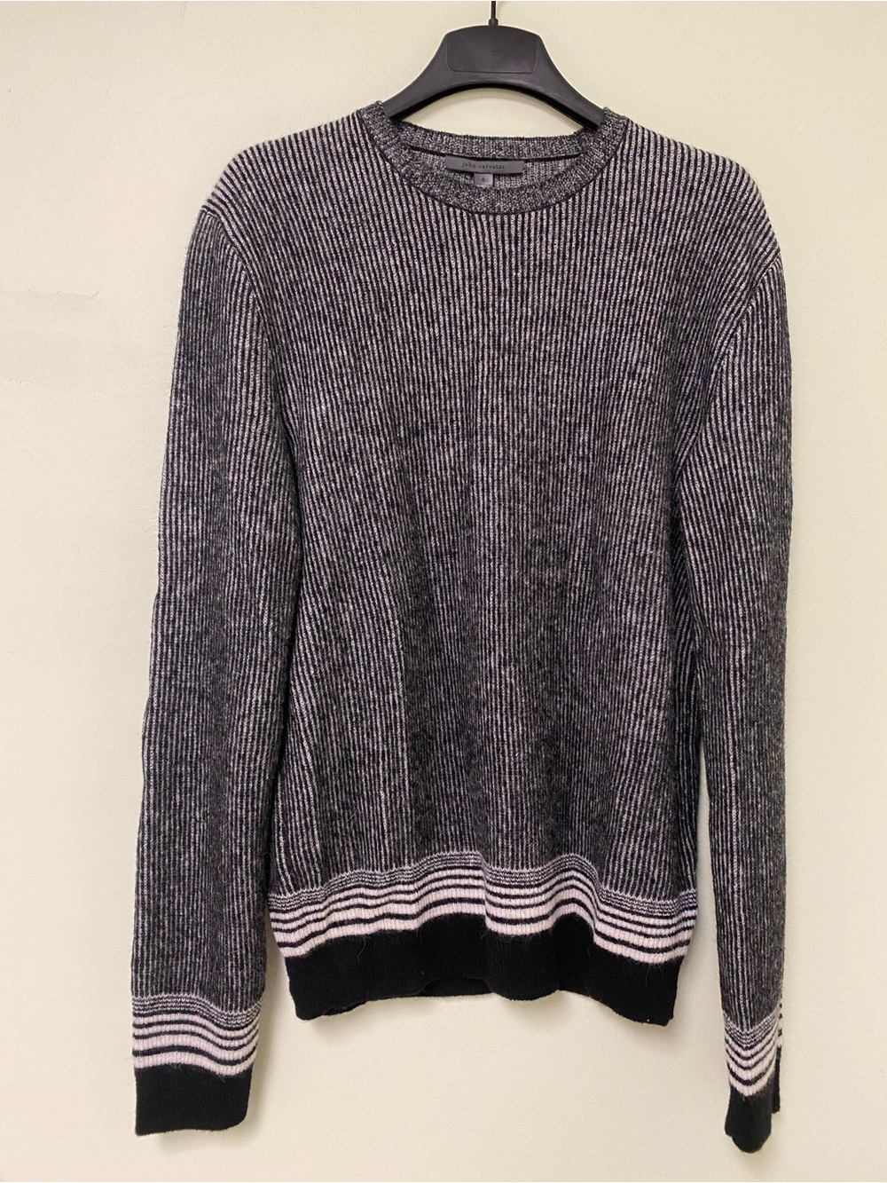 John Varvatos Grey Ribbed Crewneck Sweater with Black & White Stripe Hem